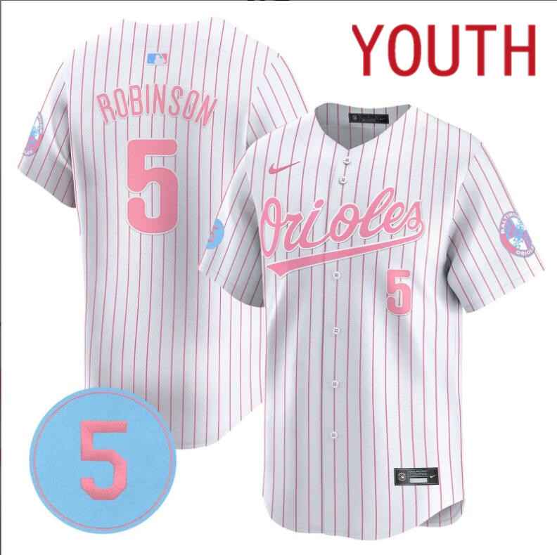 Youth Baltimore Orioles 5 Robinson white with red strips 2024 Nike MLB jersey